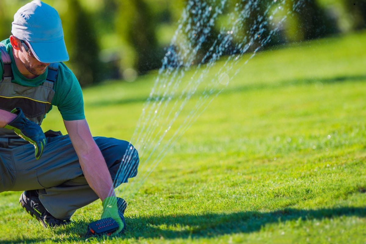 A person kneels on vibrant green grass, using a hose to water the lawn, surrounded by lush greenery in bright sunlight